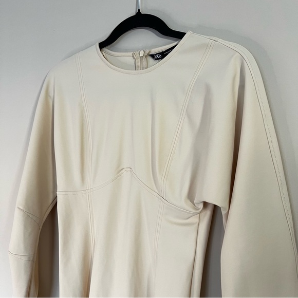 Zara Cream Long-Sleeve Stretch Mini Dress - NWT - Seam Details - Size Small - Picture 3 of 9